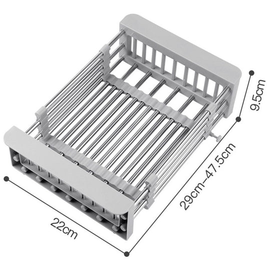 Suport Scurgere Vase Extensibil pentru Bucatarie, Uscator Chiuveta pentru Tacamuri si Fructe, Otel Inoxidabil, Rezistent la Coroziune, 29 x 22 x 9.5 cm, Gri