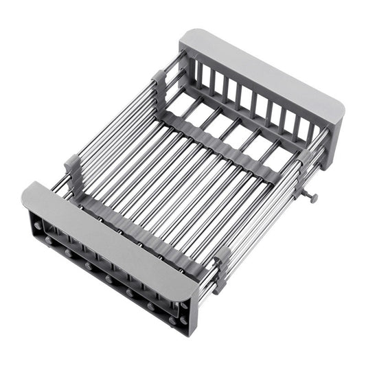 Suport Scurgere Vase Extensibil pentru Bucatarie, Uscator Chiuveta pentru Tacamuri si Fructe, Otel Inoxidabil, Rezistent la Coroziune, 29 x 22 x 9.5 cm, Gri
