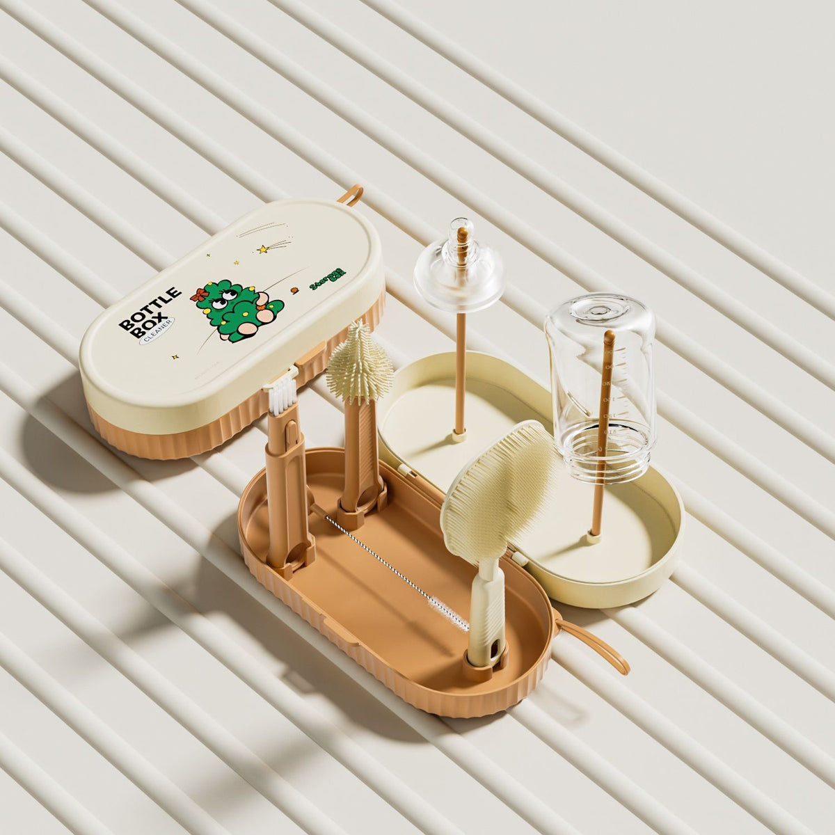 Set Curatare Biberoane si Accesorii, Kit Portabil cu Suport de Uscare si Cutie Depozitare, Peri din Silicon si TPE, 7 Piese, 20 x 9.5 cm, Portocaliu