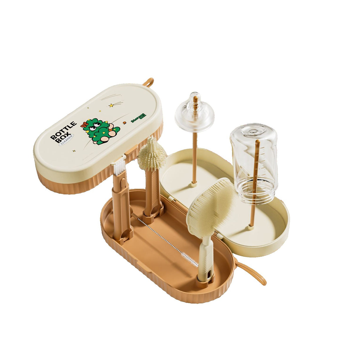 Set Curatare Biberoane si Accesorii, Kit Portabil cu Suport de Uscare si Cutie Depozitare, Peri din Silicon si TPE, 7 Piese, 20 x 9.5 cm, Portocaliu