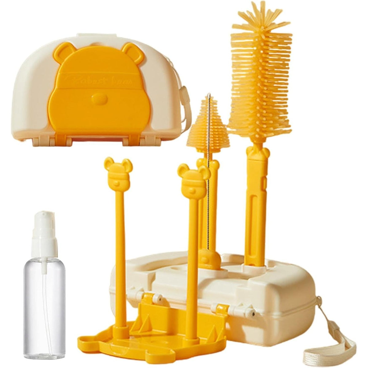 Set 7 Piese Curatare si Uscare Biberoane, Kit Portabil cu Perii din Silicon, Suport Scurgere si Cutie Depozitare, 16 x 11 x 5 cm, Galben Model Ursulet