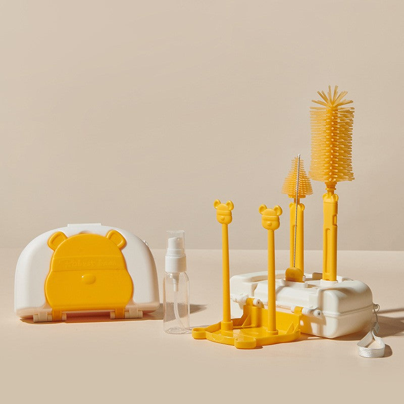 Set 7 Piese Curatare si Uscare Biberoane, Kit Portabil cu Perii din Silicon, Suport Scurgere si Cutie Depozitare, 16 x 11 x 5 cm, Galben Model Ursulet