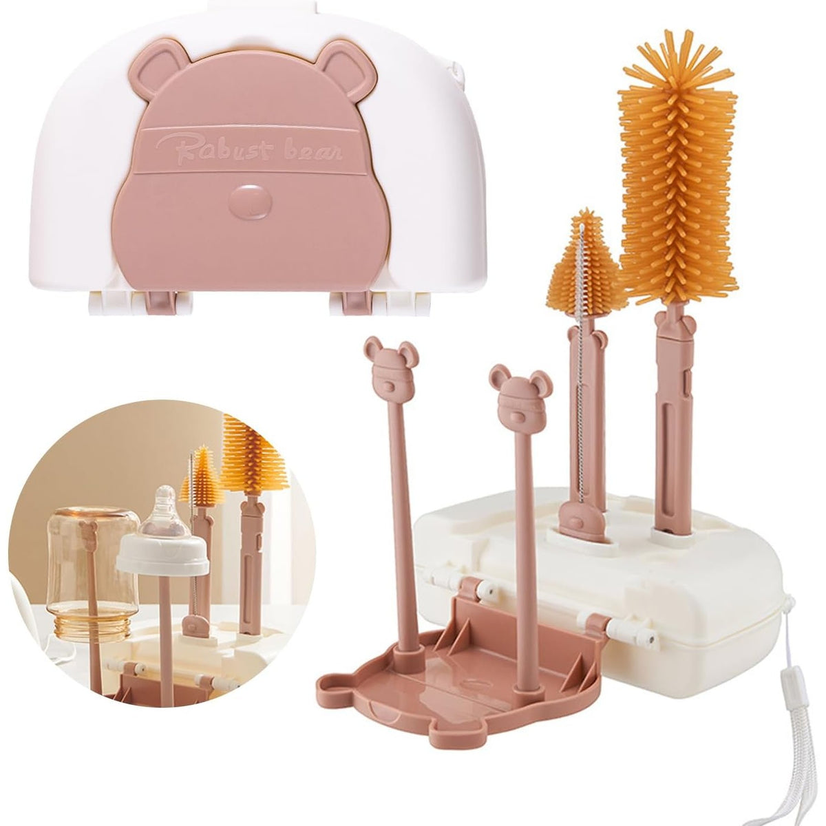 Set de Curatare Biberoane si Accesorii, Kit Portabil cu Suport de Scurgere si Perii din Silicon, pentru Tetine si Paie, 7 Piese, Model Ursulet, Maro, 16 x 11 x 5 cm