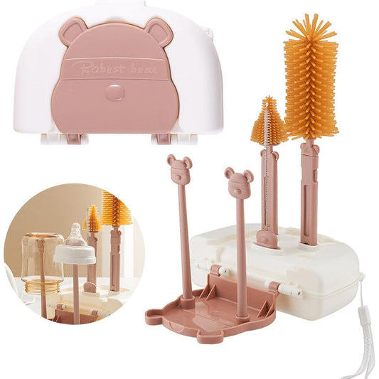 Set de Curatare Biberoane si Accesorii, Kit Portabil cu Suport de Scurgere si Perii din Silicon, pentru Tetine si Paie, 7 Piese, Model Ursulet, Maro, 16 x 11 x 5 cm