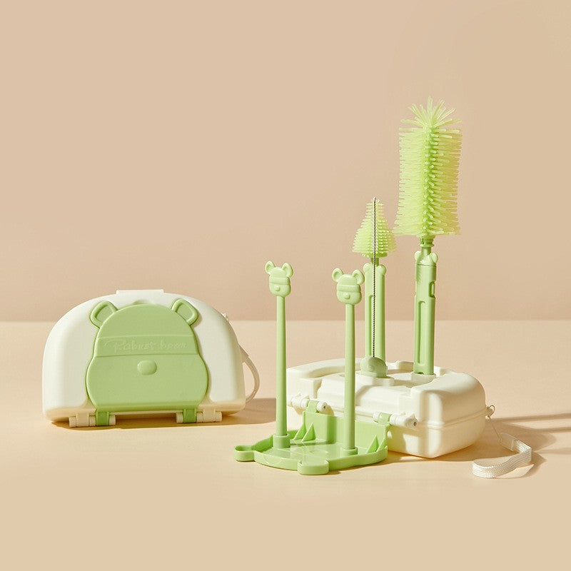 Set de Spalat si Uscat Biberoane Portabil, Peri din Silicon, Kit Curatare Tetine si Suzete cu Suport Scurgere, Model Ursulet, 7 Piese, Verde, 16 x 11 x 5 cm