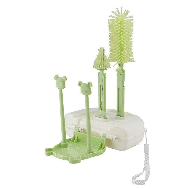 Set de Spalat si Uscat Biberoane Portabil, Peri din Silicon, Kit Curatare Tetine si Suzete cu Suport Scurgere, Model Ursulet, 7 Piese, Verde, 16 x 11 x 5 cm