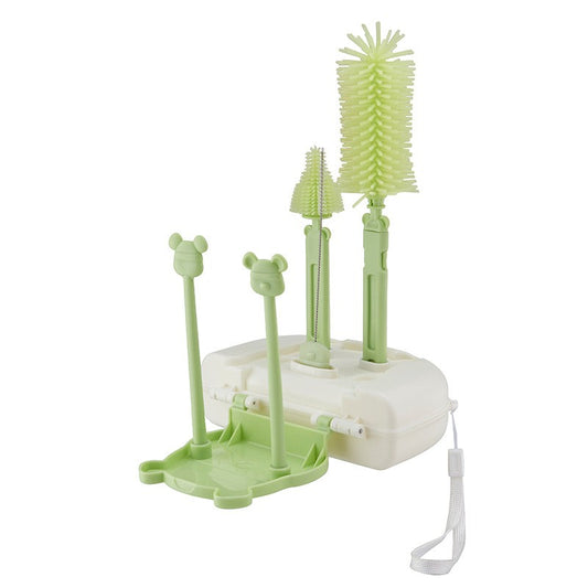 Set de Spalat si Uscat Biberoane Portabil, Peri din Silicon, Kit Curatare Tetine si Suzete cu Suport Scurgere, Model Ursulet, 7 Piese, Verde, 16 x 11 x 5 cm