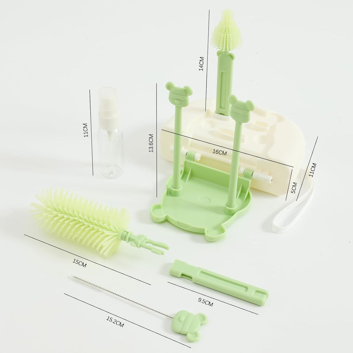 Set de Spalat si Uscat Biberoane Portabil, Peri din Silicon, Kit Curatare Tetine si Suzete cu Suport Scurgere, Model Ursulet, 7 Piese, Verde, 16 x 11 x 5 cm