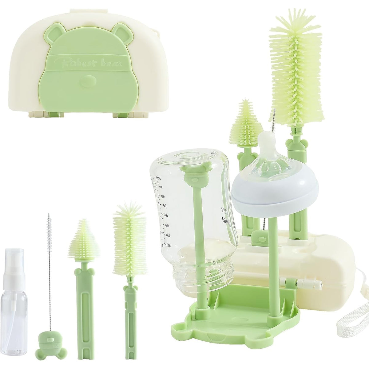 Set de Spalat si Uscat Biberoane Portabil, Peri din Silicon, Kit Curatare Tetine si Suzete cu Suport Scurgere, Model Ursulet, 7 Piese, Verde, 16 x 11 x 5 cm