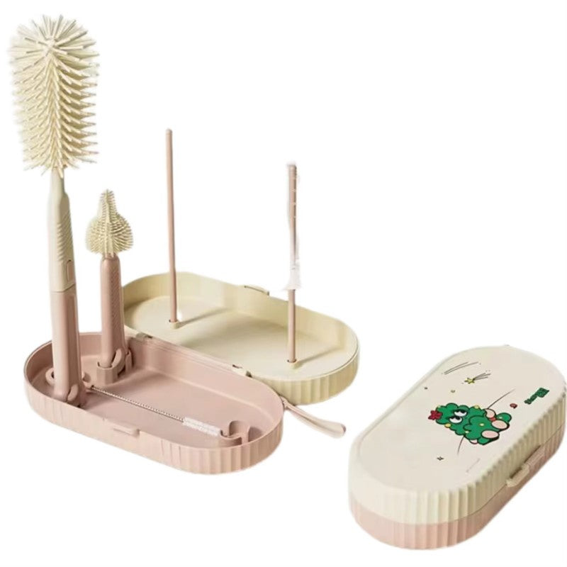 Set Curatare Biberoane si Accesorii, Kit Portabil cu Suport de Uscare, Peri din Silicon si ABS, Cutie Organizatoare Inclusa, 7 Piese, 20 x 9.5 cm, Roz