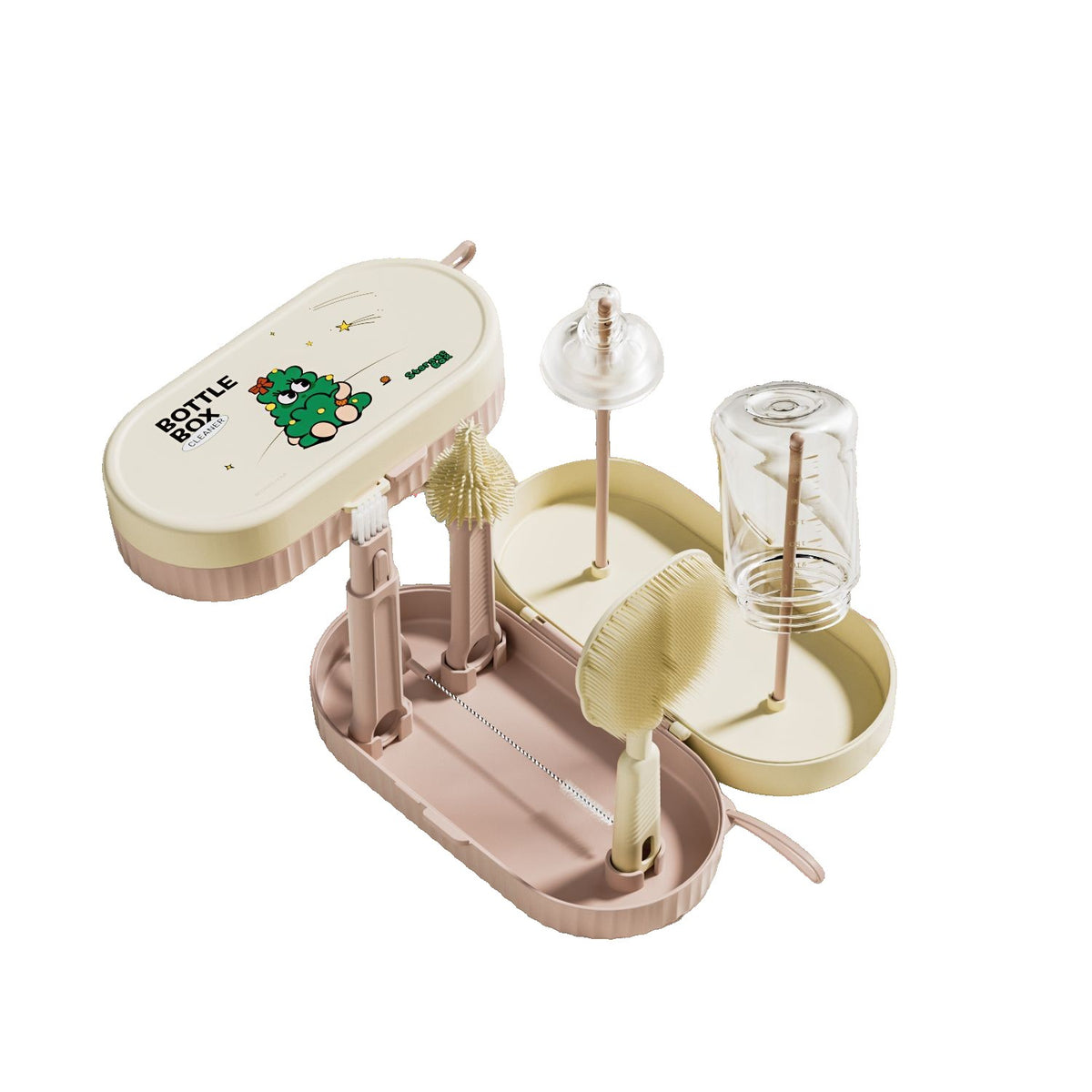 Set Curatare Biberoane si Accesorii, Kit Portabil cu Suport de Uscare, Peri din Silicon si ABS, Cutie Organizatoare Inclusa, 7 Piese, 20 x 9.5 cm, Roz
