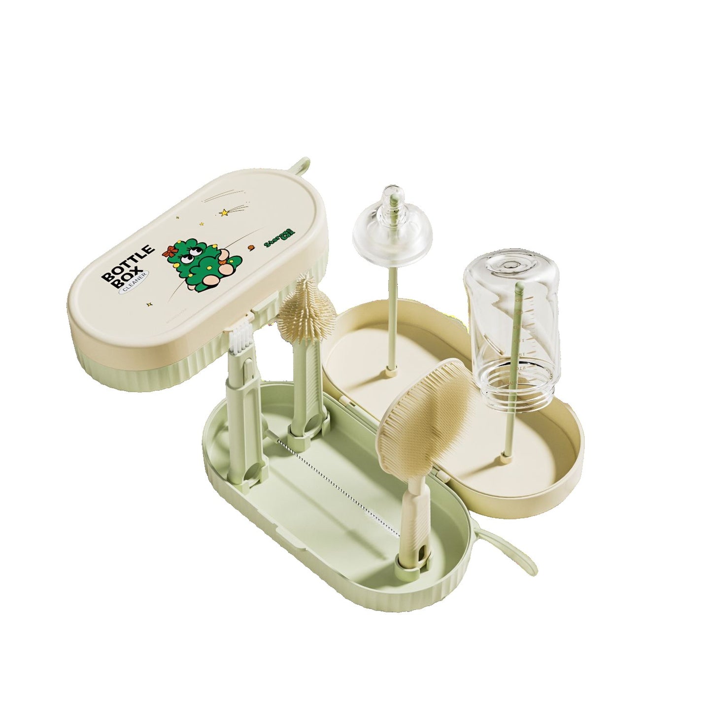 Set Curatare Biberoane si Tetine Portabil, Perii Silicon cu Suport de Uscare si Cutie Depozitare, 7 Piese, Verde, 20 x 9.5 cm