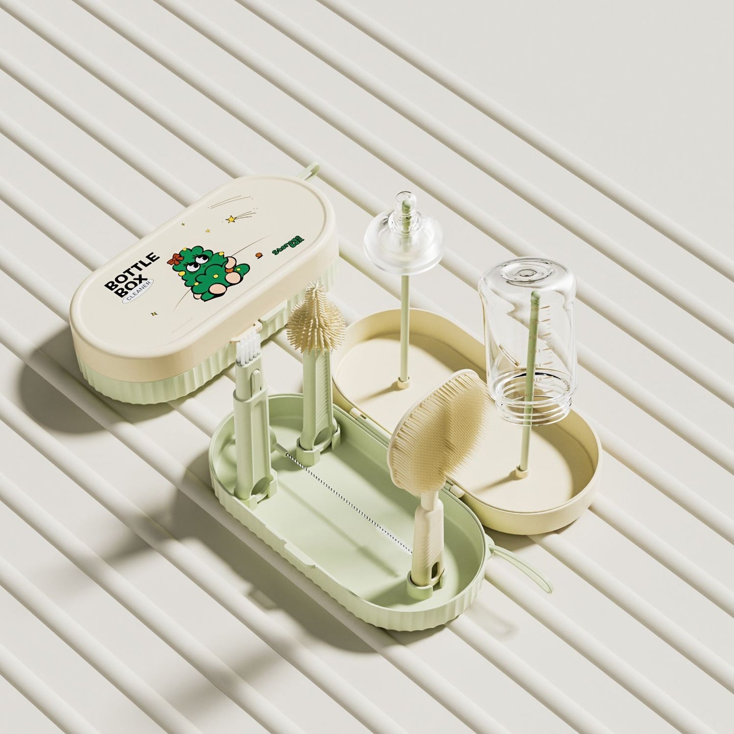 Set Curatare Biberoane si Tetine Portabil, Perii Silicon cu Suport de Uscare si Cutie Depozitare, 7 Piese, Verde, 20 x 9.5 cm