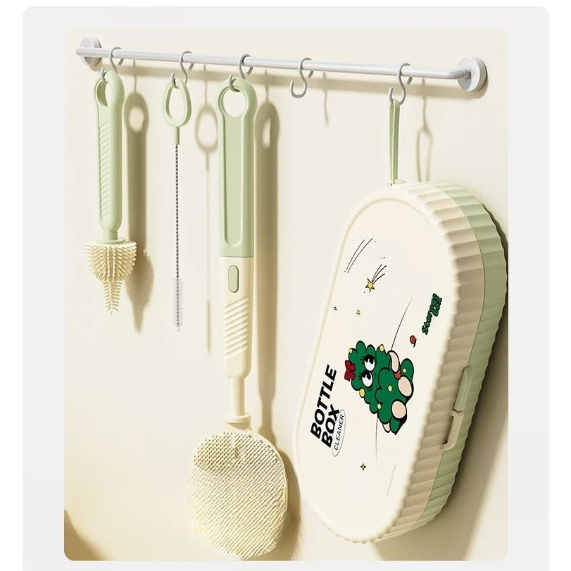 Set Curatare Biberoane si Tetine Portabil, Perii Silicon cu Suport de Uscare si Cutie Depozitare, 7 Piese, Verde, 20 x 9.5 cm