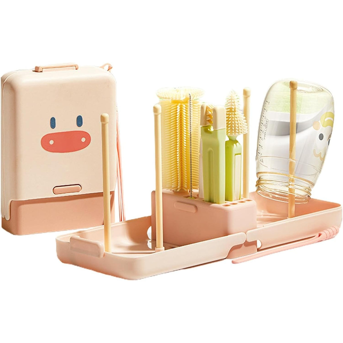 Set Curatare Biberoane si Suzete cu Peri din Silicon, Kit Portabil pentru Spalat si Uscat cu Statie de Scurgere, Roz, 7 Piese
