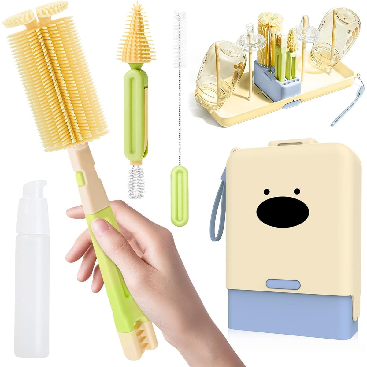 Set Curatare si Uscare Biberoane Portabil, Peri din Silicon pentru Tetine si Suzete, Kit 7 Piese cu Cutie Depozitare si Suport Scurgere, Model Catel, Albastru