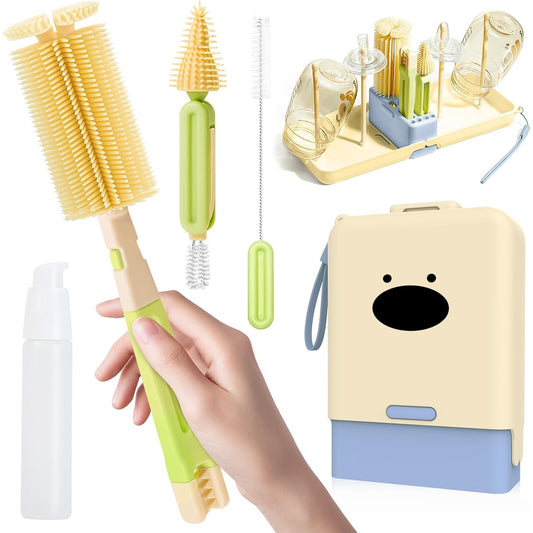 Set Curatare si Uscare Biberoane Portabil, Peri din Silicon pentru Tetine si Suzete, Kit 7 Piese cu Cutie Depozitare si Suport Scurgere, Model Catel, Albastru