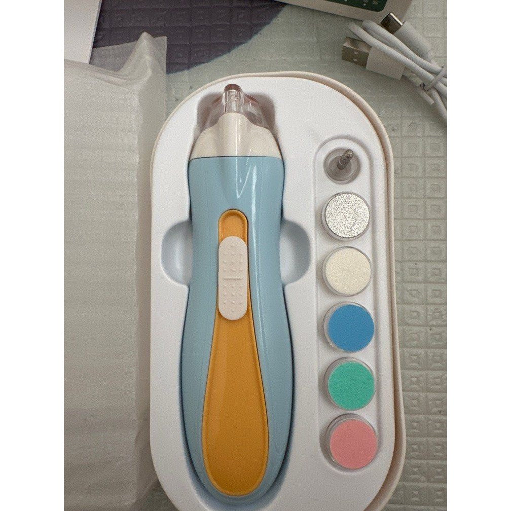 Pila Electrica pentru Unghii Bebelusi si Copii, Silentioasa cu Lumina LED si Incarcare USB Tip C, Carcasa ABS, Set 6 Capete de Praf, Albastru/Portocaliu