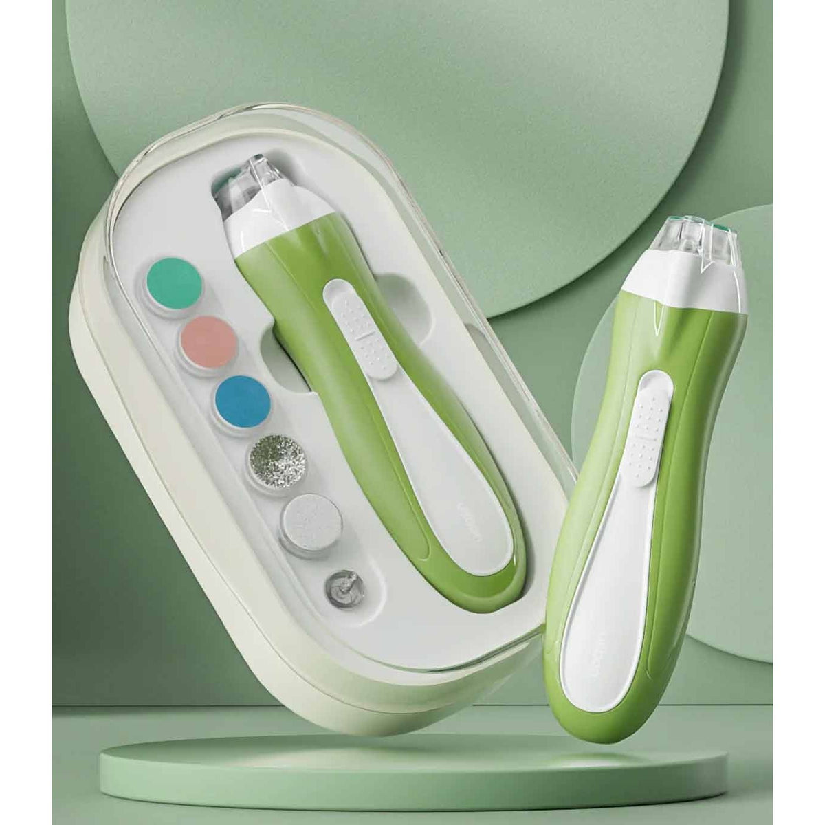 Pila Electrica Unghii pentru Bebelusi si Copii, Silentioasa cu Lumina LED si Incarcare USB Tip C, ABS, 6 Accesorii, 9.5 x 6 x 17 cm, Verde