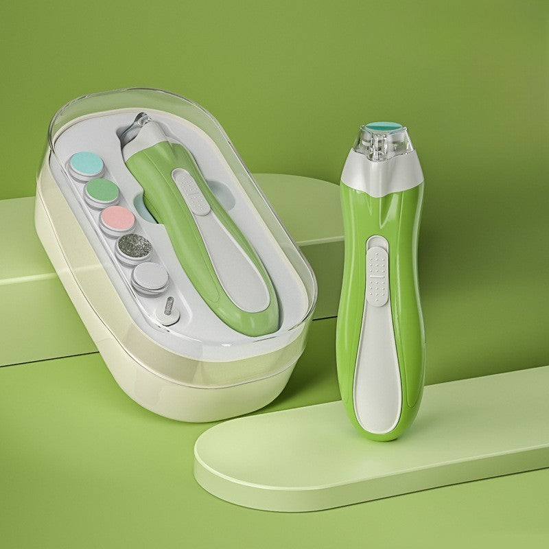 Pila Electrica Unghii pentru Bebelusi si Copii, Silentioasa cu Lumina LED si Incarcare USB Tip C, ABS, 6 Accesorii, 9.5 x 6 x 17 cm, Verde