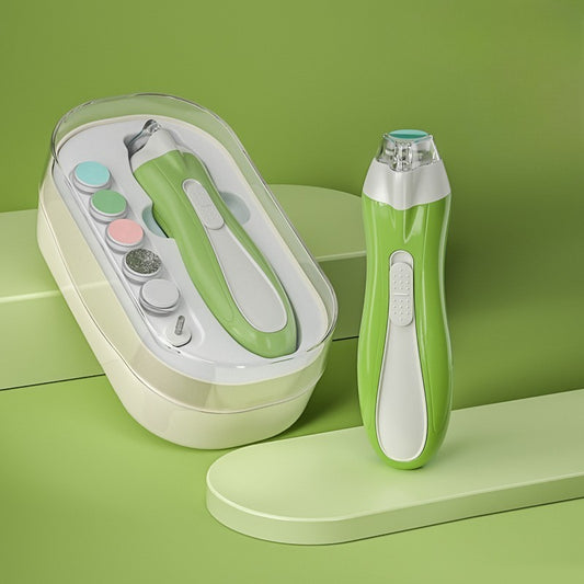 Pila Electrica Unghii pentru Bebelusi si Copii, Silentioasa cu Lumina LED si Incarcare USB Tip C, ABS, 6 Accesorii, 9.5 x 6 x 17 cm, Verde