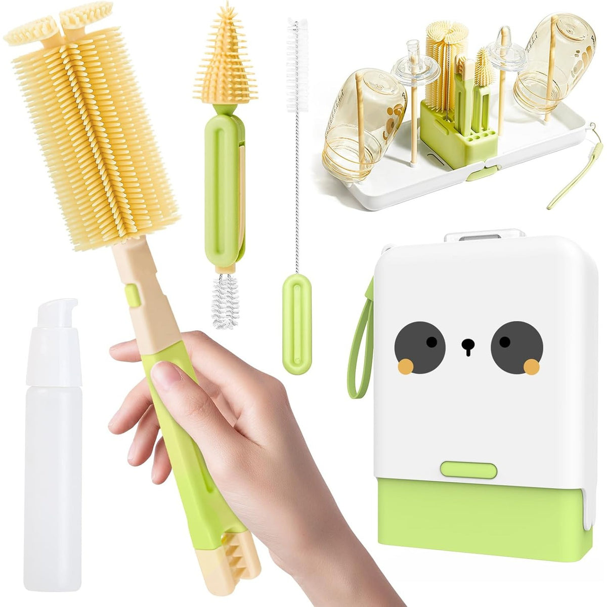 Set Curatare Biberoane si Accesorii, Kit Portabil 7 Piese cu Peri din Silicon si Suport Uscare, pentru Tetine, Suzete sau Paie, Cutie Depozitare Inclusa, Model Panda, Verde, 16.8 x 12 x 5 cm