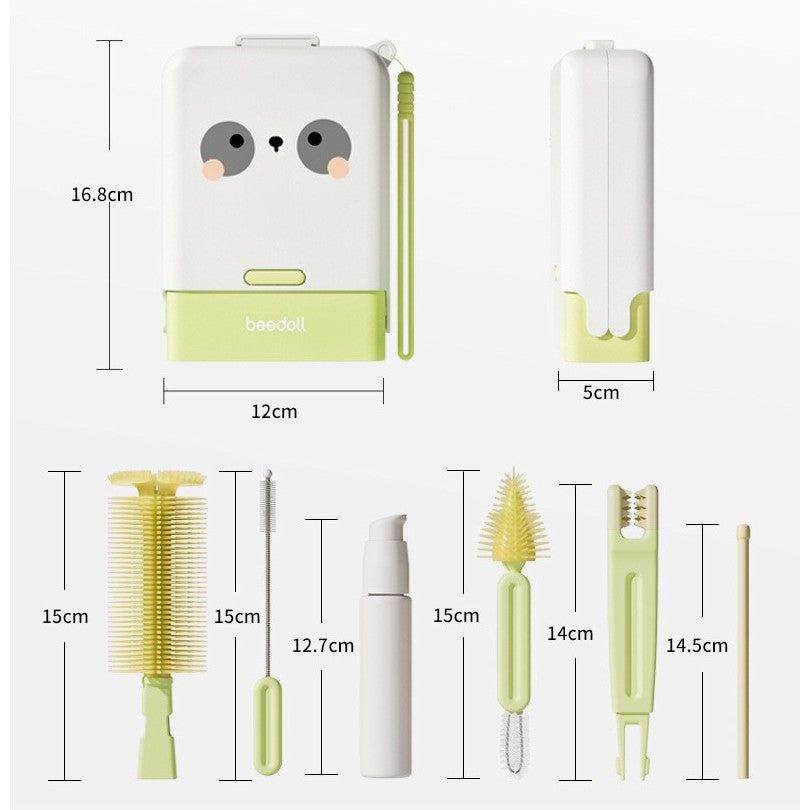 Set Curatare Biberoane si Accesorii, Kit Portabil 7 Piese cu Peri din Silicon si Suport Uscare, pentru Tetine, Suzete sau Paie, Cutie Depozitare Inclusa, Model Panda, Verde, 16.8 x 12 x 5 cm