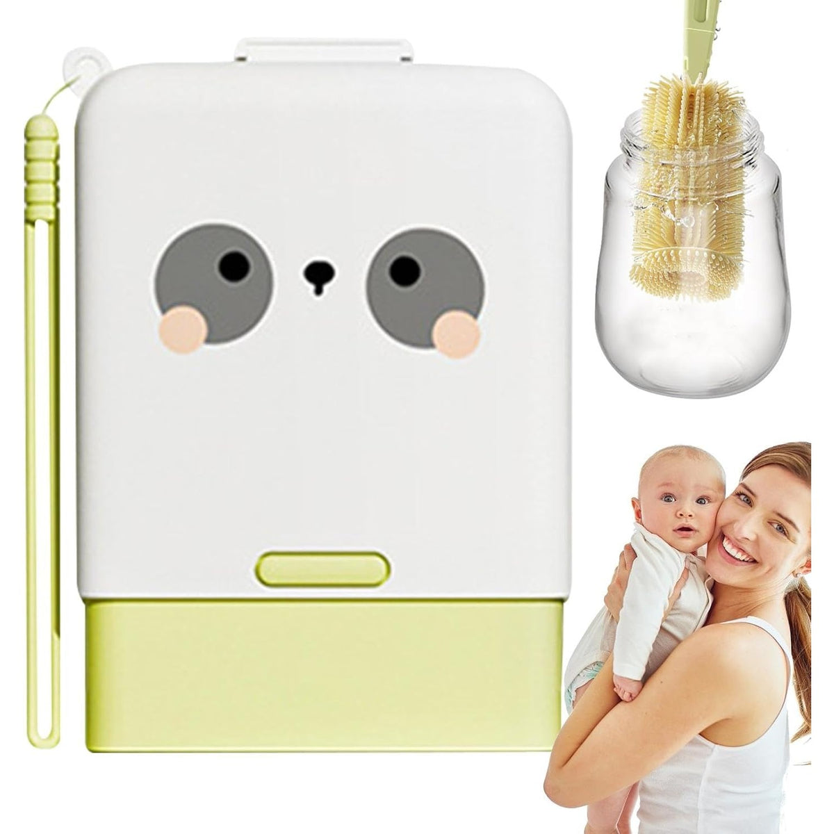Set Curatare Biberoane si Accesorii, Kit Portabil 7 Piese cu Peri din Silicon si Suport Uscare, pentru Tetine, Suzete sau Paie, Cutie Depozitare Inclusa, Model Panda, Verde, 16.8 x 12 x 5 cm