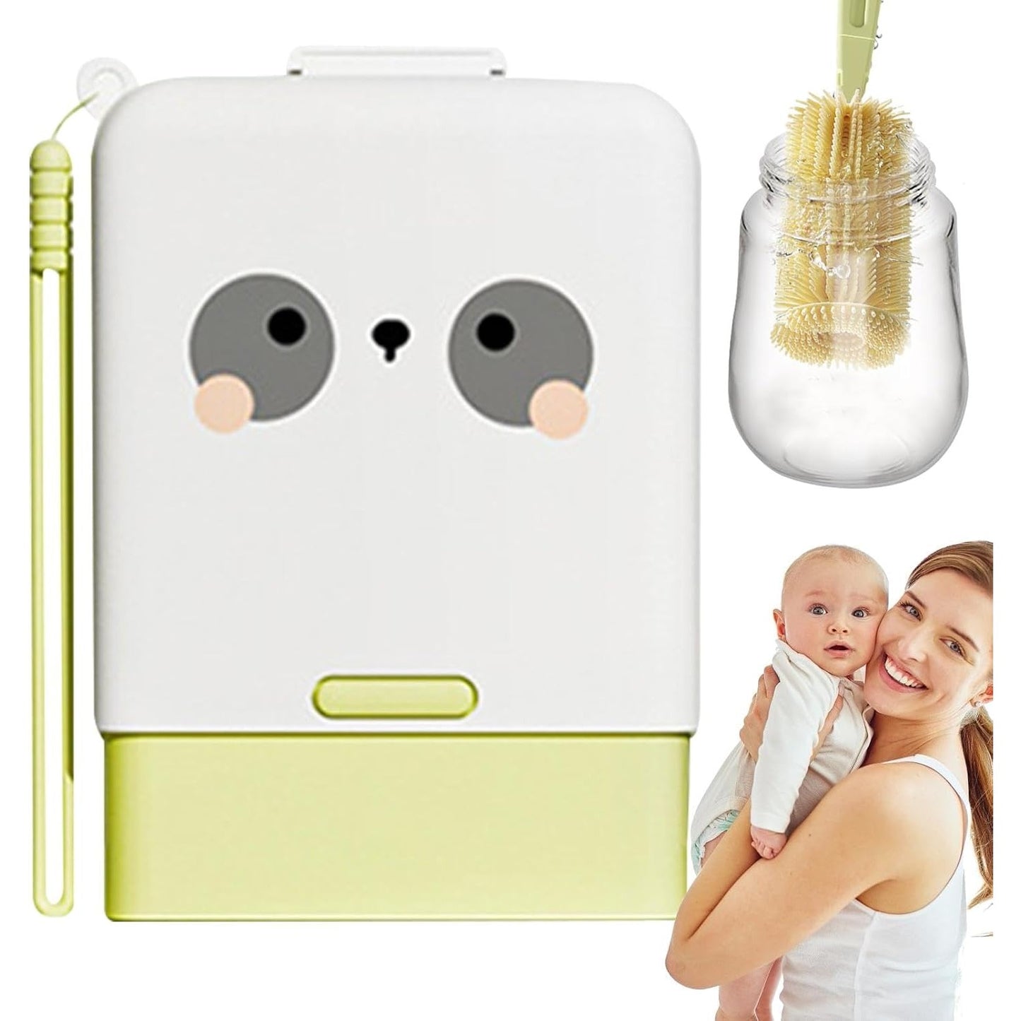 Set Curatare Biberoane si Accesorii, Kit Portabil 7 Piese cu Peri din Silicon si Suport Uscare, pentru Tetine, Suzete sau Paie, Cutie Depozitare Inclusa, Model Panda, Verde, 16.8 x 12 x 5 cm