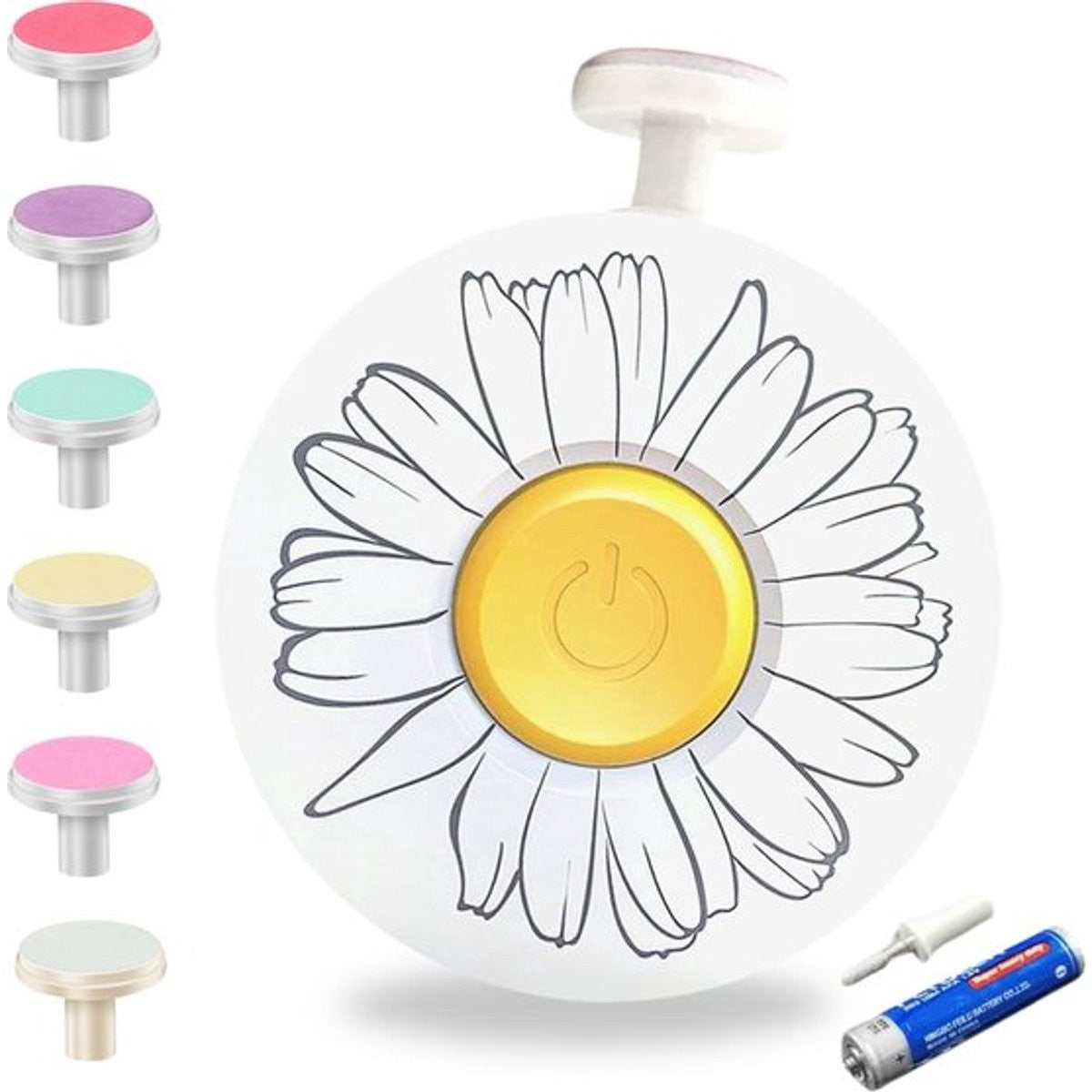 Pila Electrica Unghii pentru Bebelusi si Copii, Set Ingrijire Silentios cu 6 Capete Interschimbabile, Lumina LED, ABS, Model Flori, Alb