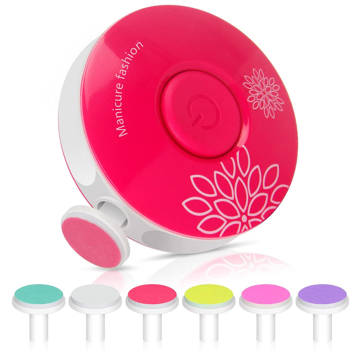 Pila Electrica pentru Unghii Bebelusi si Copii, Set Manichiura Silentionasa cu Lumina LED si 6 Capete de Schimb, Material ABS, Incarcare USB, Model Flori, Fucsia