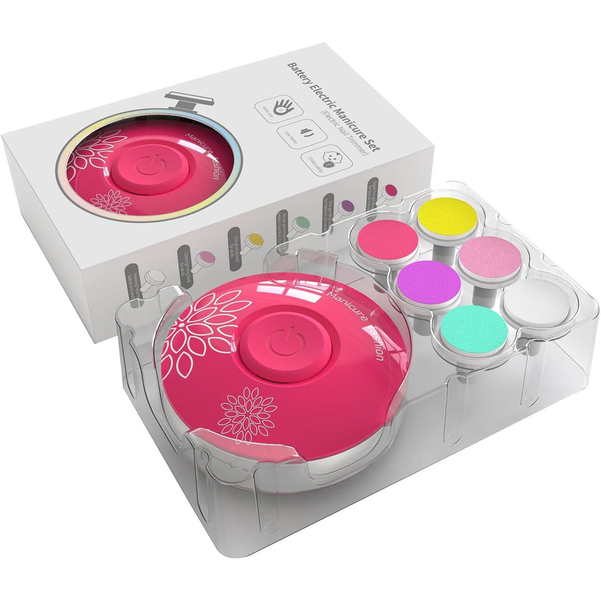 Pila Electrica pentru Unghii Bebelusi si Copii, Set Manichiura Silentionasa cu Lumina LED si 6 Capete de Schimb, Material ABS, Incarcare USB, Model Flori, Fucsia