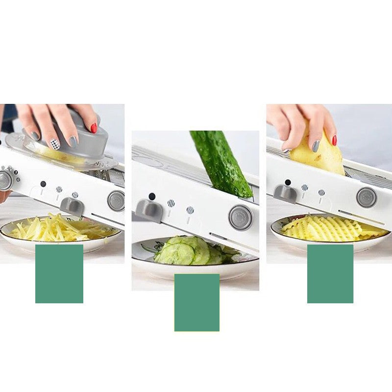 Feliator Manual Multifunctional pentru Legume si Fructe, Razatoare Reglabila cu Lame din Otel Inoxidabil, Accesoriu Bucatarie, 39 x 11.5 x 12.5 cm, Alb