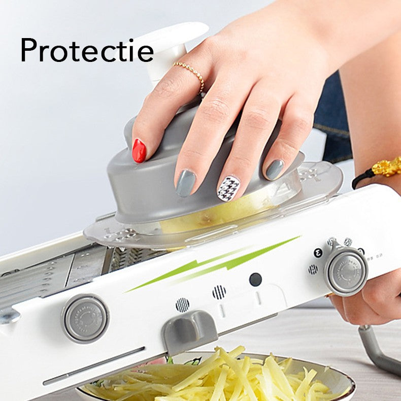 Feliator Manual Multifunctional pentru Legume si Fructe, Razatoare Reglabila cu Lame din Otel Inoxidabil, Accesoriu Bucatarie, 39 x 11.5 x 12.5 cm, Alb