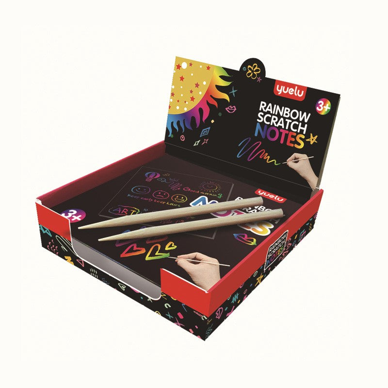 Set 100 Planse Razuibile Curcubeu, Hartie Magica pentru Desen si Activitati Creative, Include 2 Creioane Bambus si 2 Sabloane, 8.5 x 8.5 cm, Multicolor