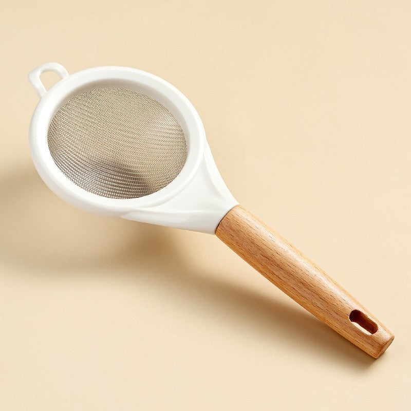 Strecuratoare de Bucatarie Tip Mini Sita, Inox cu Maner din Lemn si Margine de Silicon, Ideala pentru Faina si Ceai, 25 x 10 cm, Alb