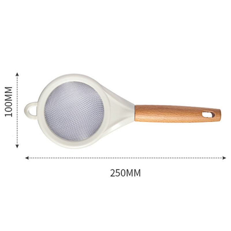 Strecuratoare de Bucatarie Tip Mini Sita, Inox cu Maner din Lemn si Margine de Silicon, Ideala pentru Faina si Ceai, 25 x 10 cm, Alb