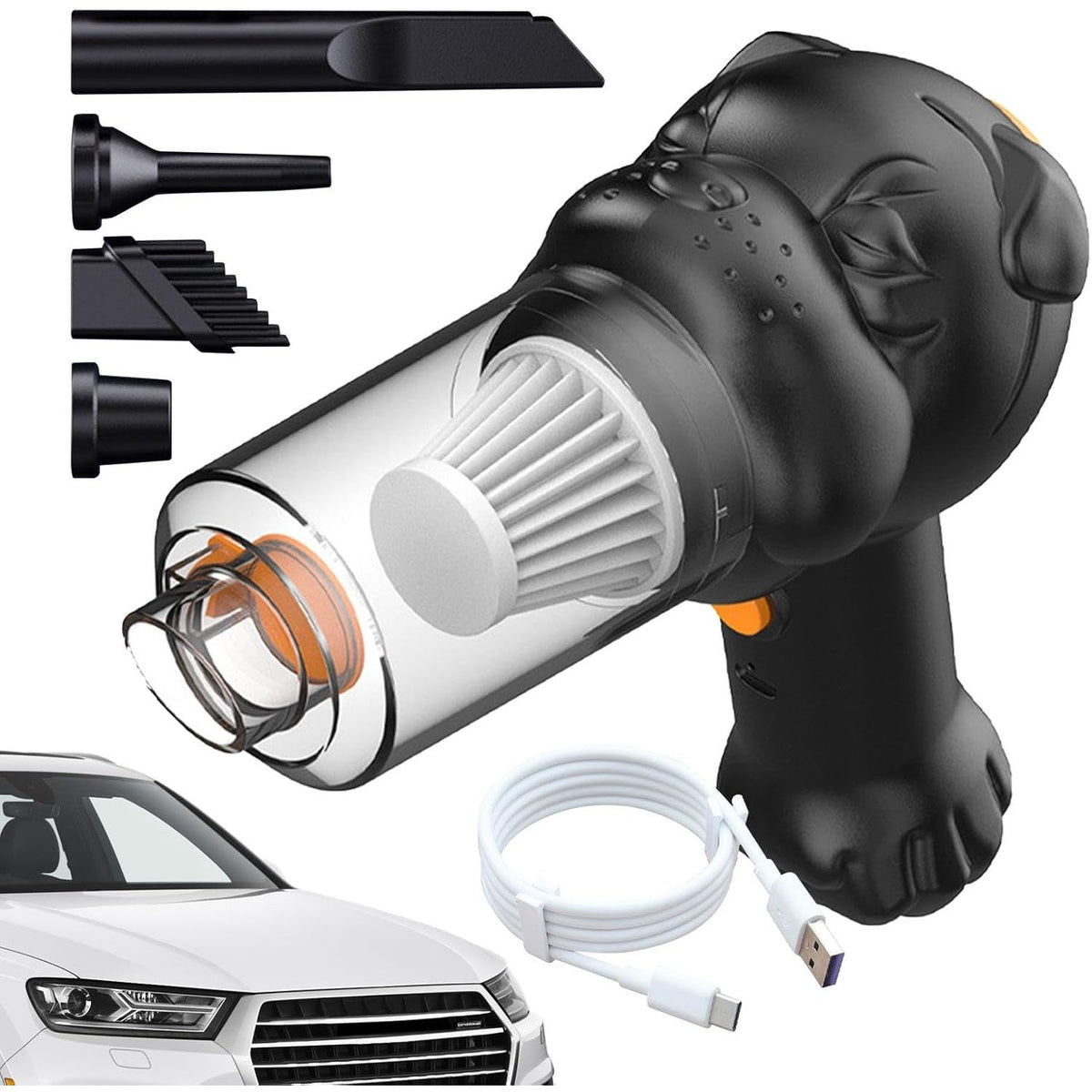 Aspirator Auto 4 in 1 Portabil fara Fir, Putere 120W, Functie de Suflare si Umflare, 2 Viteze, Aspirare Umeda si Uscata, Incarcare USB-C, Negru
