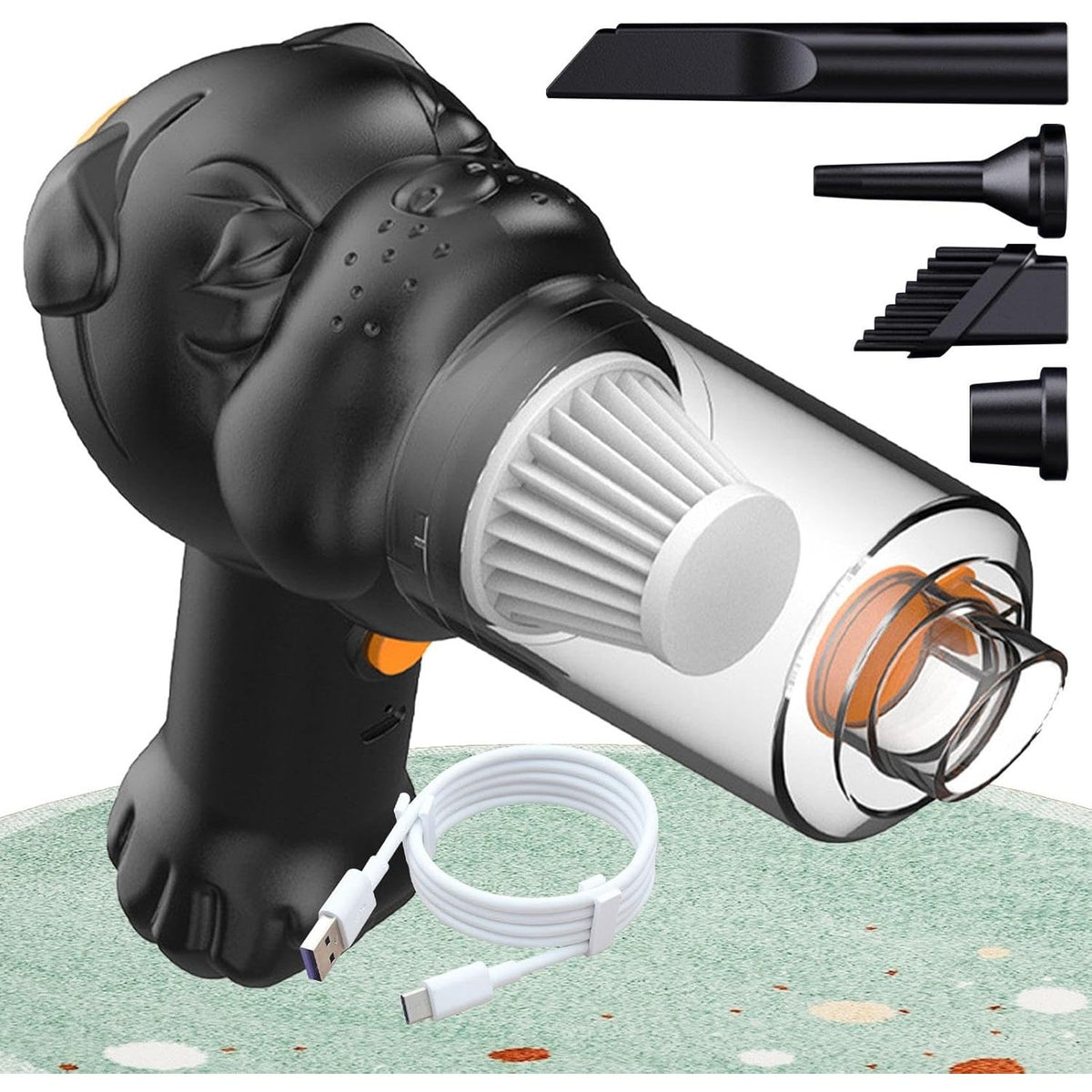Aspirator Auto 4 in 1 Portabil fara Fir, Putere 120W, Functie de Suflare si Umflare, 2 Viteze, Aspirare Umeda si Uscata, Incarcare USB-C, Negru