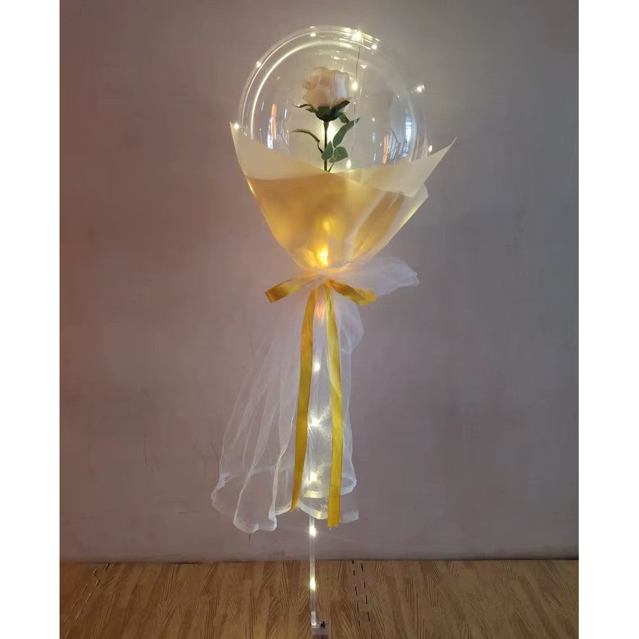 Buchet Decorativ, Trandafir Artificial in Balon Transparent cu Lumini LED, Set DIY pentru Cadou, Diametru 35 cm, Culoare Sampanie