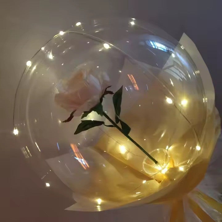 Buchet Decorativ, Trandafir Artificial in Balon Transparent cu Lumini LED, Set DIY pentru Cadou, Diametru 35 cm, Culoare Sampanie