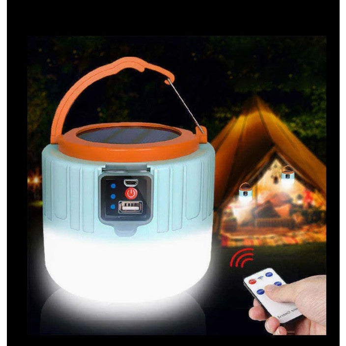 Lampa Portabila LED Camping, Incarcare Solara si USB, Acoperire 32 mp, Telecomanda, Afisaj Baterie, Rezistenta la Apa IP6, Aliaj Aluminiu, 6x9x11 cm, Alb