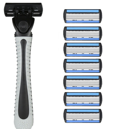 Aparat de Ras Manual cu 6 Lame, Sistem de Barbierit cu Maner Ergonomic si Suport, Otel Inoxidabil, 7 Capete de Schimb si Cutie de Depozitare, Negru