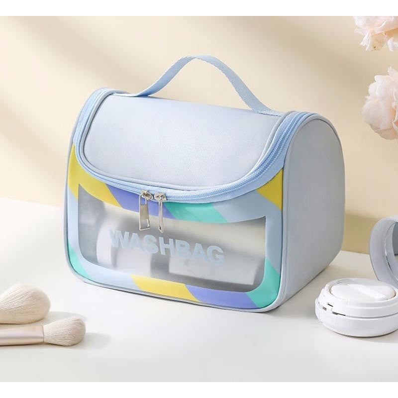 Geanta Cosmetice de Voiaj, Organizator Produse Toaleta Impermeabil, Design Translucid Mat cu Fermoar si Maner, PVC, 22 x 16 x 14 cm, Albastru