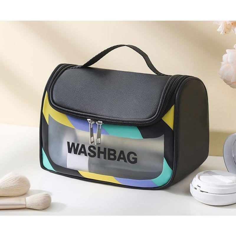 Geanta Cosmetice de Voiaj, Organizator Produse Toaleta Impermeabil, Design Translucid Mat cu Fermoar si Maner, Material PVC, 22 x 16 x 14 cm, Negru