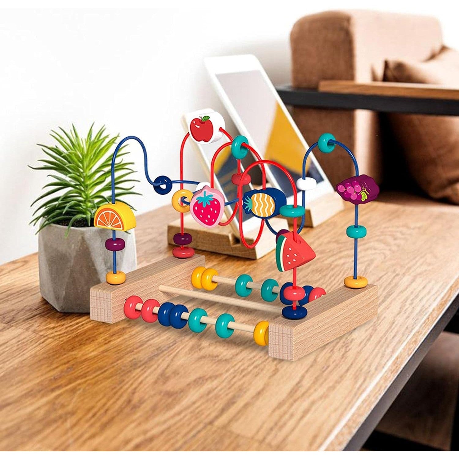 Jucarie Montessori din Lemn, Labirint Motricitate cu Abac si Rollercoaster Educativ, Lemn Natural, 22x17x15 cm, Multicolor