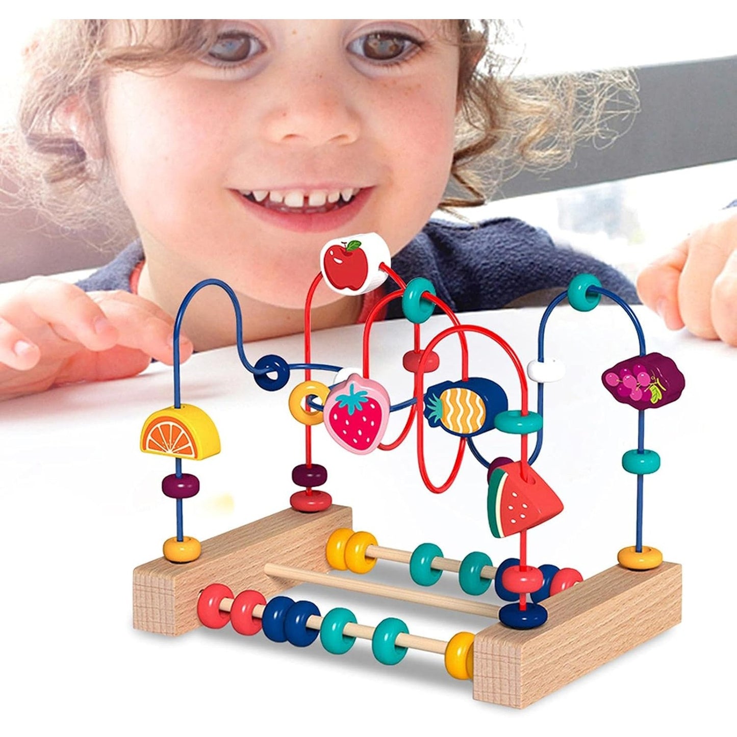Jucarie Montessori din Lemn, Labirint Motricitate cu Abac si Rollercoaster Educativ, Lemn Natural, 22x17x15 cm, Multicolor