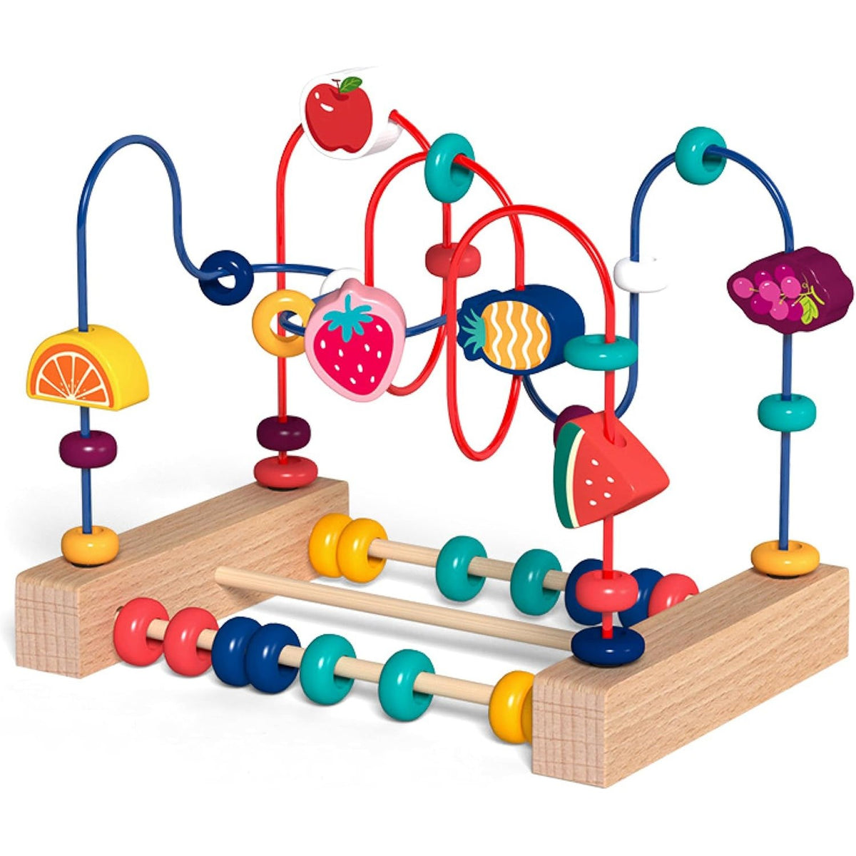 Jucarie Montessori din Lemn, Labirint Motricitate cu Abac si Rollercoaster Educativ, Lemn Natural, 22x17x15 cm, Multicolor