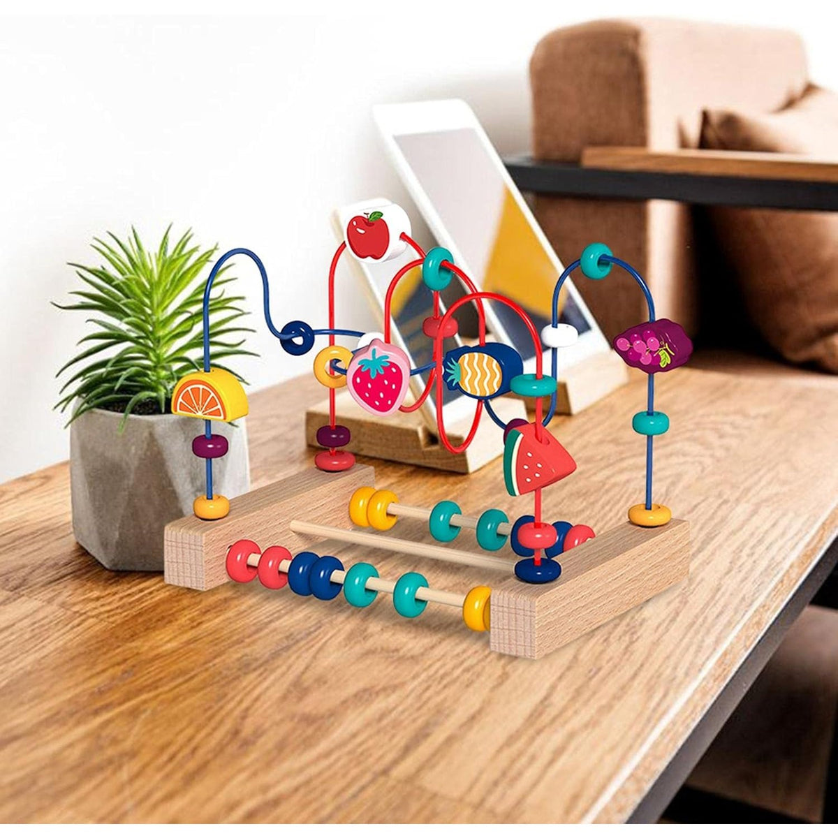 Jucarie Montessori din Lemn, Labirint Motricitate cu Abac si Rollercoaster Educativ, Lemn Natural, 22x17x15 cm, Multicolor