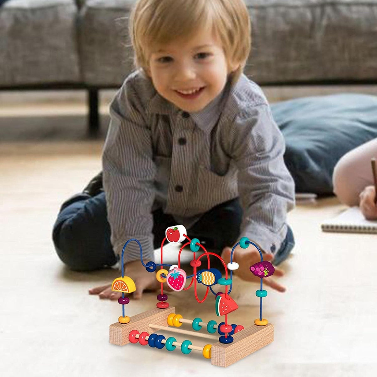 Jucarie Montessori din Lemn, Labirint Motricitate cu Abac si Rollercoaster Educativ, Lemn Natural, 22x17x15 cm, Multicolor